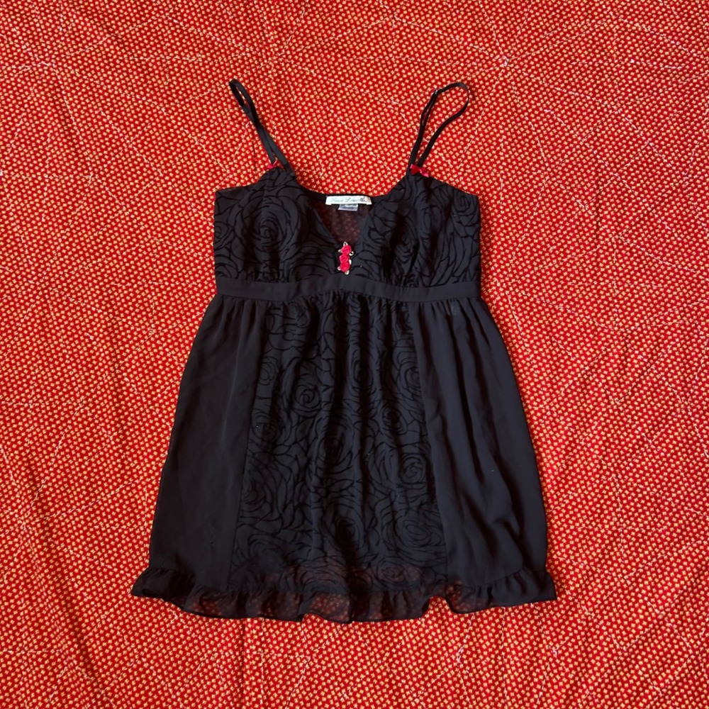 Linea Donatella Black Rose Burnout Babydoll Chemise L Rosette Detail Nightie